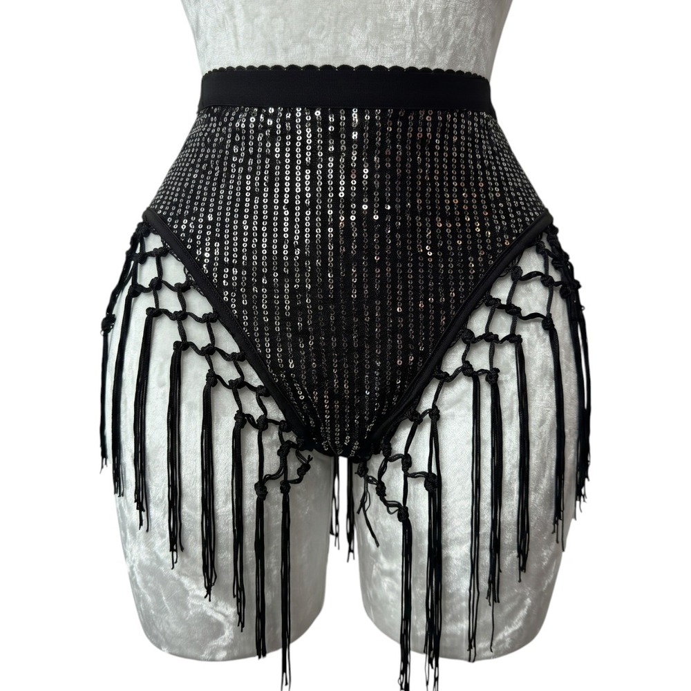 New M Black Silver Sequin Fringe Macrame Rave Festival Booty Shorts Bottoms